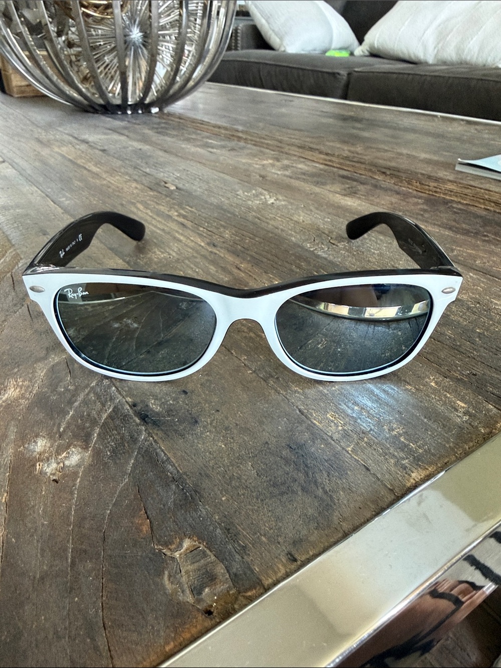 Ray-Ban Custom White and Black New Wayfarer-Style Sunglasses w/silver blue lense
